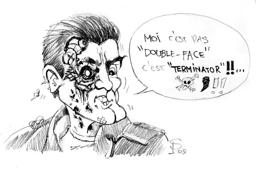 Dessin humoristique au crayon d'un buste de Terminator T800 au visage mi-humain mi-robot avec bulle de dialogue