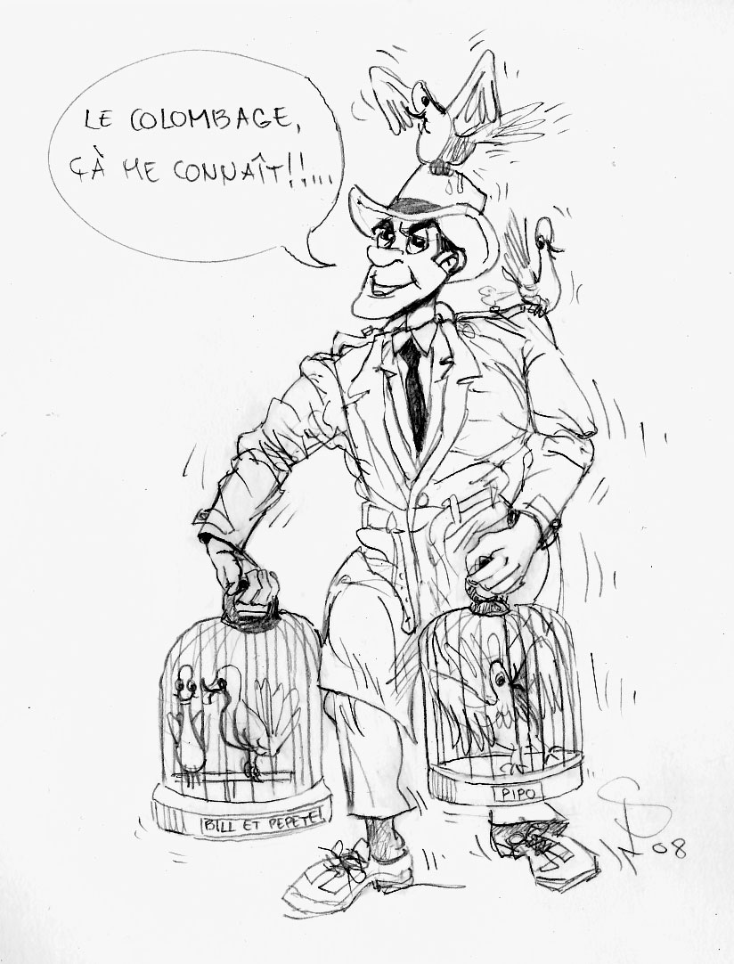 Dessin humoristique d'un homme avec des pigeons et deux cages, jeu de mots sur le colombage