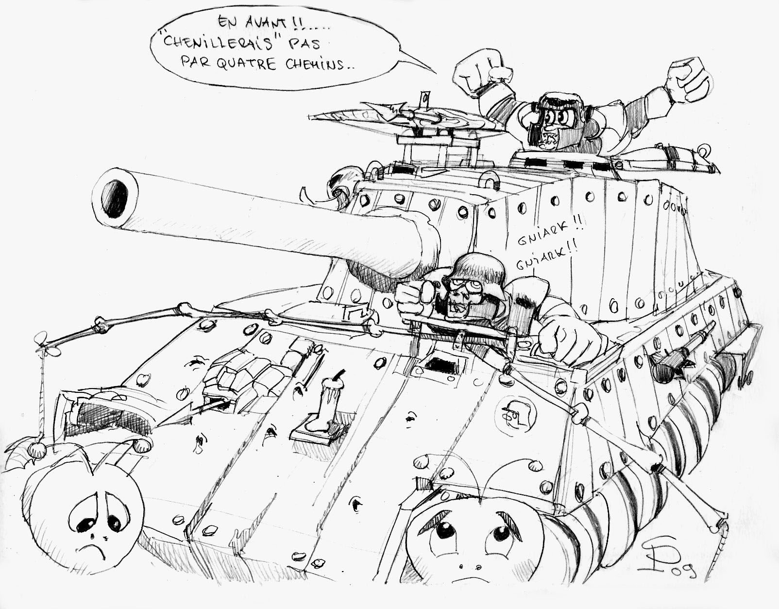Dessin humoristique d'un char King Tigre tiré par deux chenilles, équipage soldats criant joyeusement