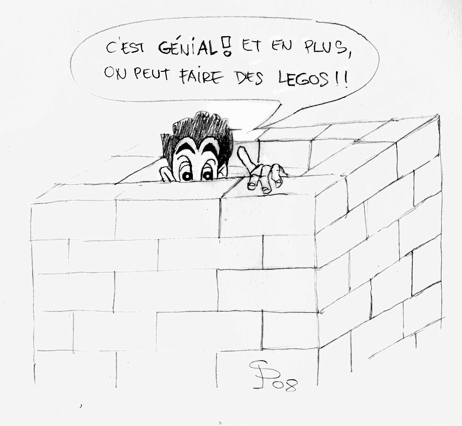 Dessin humoristique d'un personnage caché derrière un mur de blocs de polystyrène extrudé empilés comme des Legos