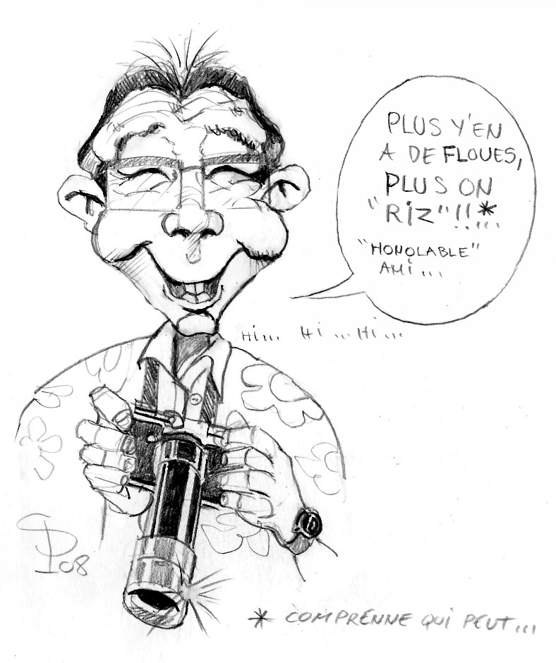 Caricature au crayon d'un homme souriant à lunettes tenant un appareil photo, avec bulle humoristique sur le flou