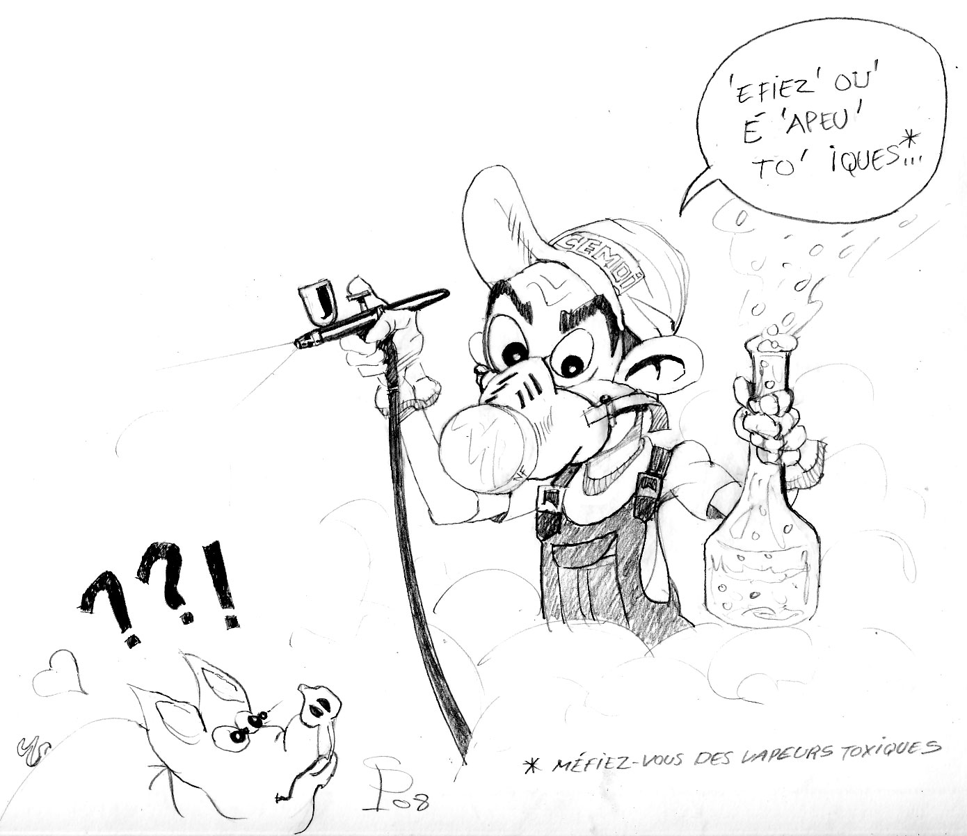Dessin humoristique d'un personnage masqué utilisant un aérographe et tenant une fiole de résine dégageant des vapeurs toxiques