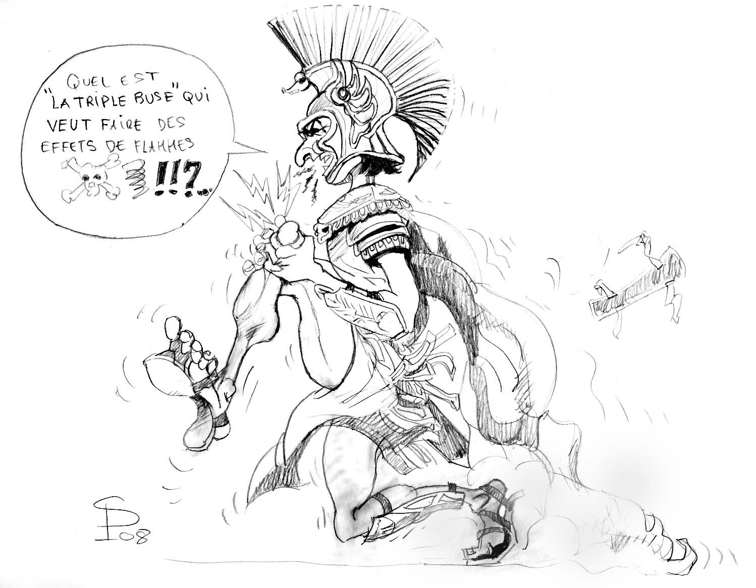 Dessin humoristique d'un guerrier antique casqué et énervé, bulle de dialogue évoquant les effets de flammes