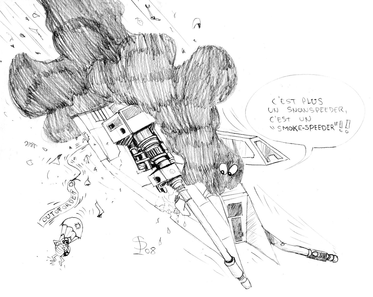 Dessin humoristique au crayon d'un Snowspeeder en feu dégageant une épaisse fumée noire