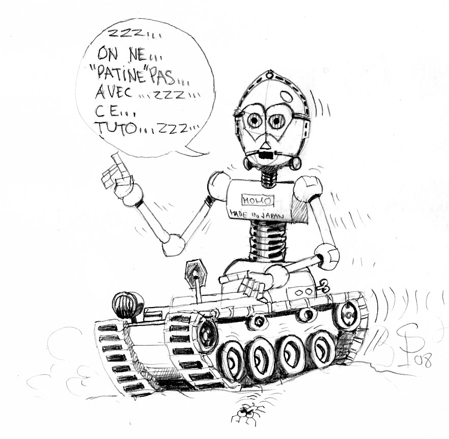 Dessin humoristique d'un robot sur un char disant qu'on ne patine pas avec ce tuto