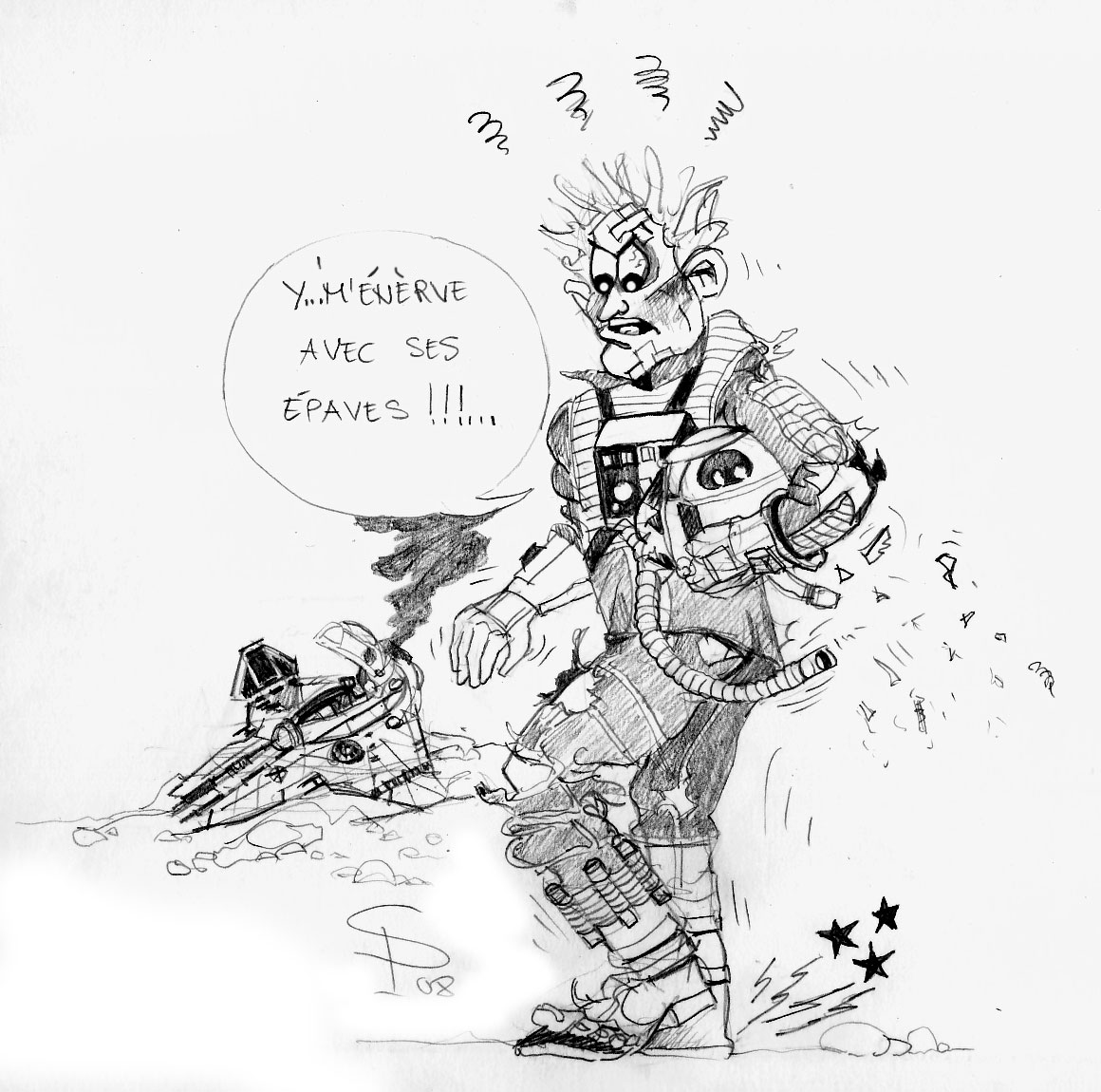 Dessin humoristique au crayon d'un astronaute agacé près d'une épave de vaisseau spatial