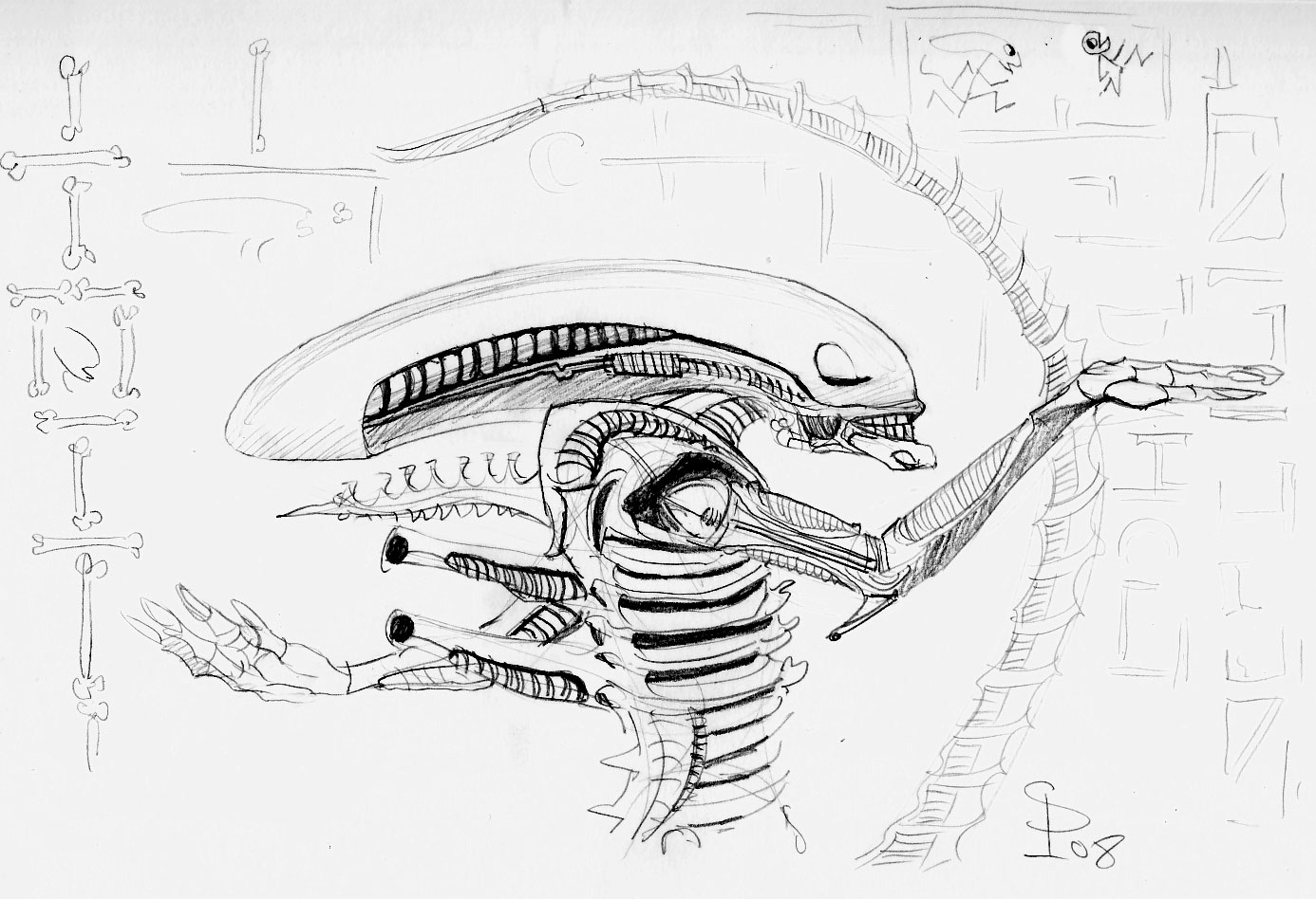 Dessin au crayon de profil du xénomorphe Alien avec mâchoires ouvertes et hiéroglyphes