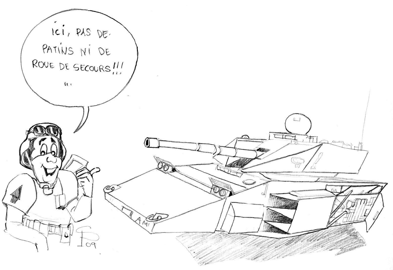 Dessin humoristique d'un pilote souriant présentant un char antigrav T800 sans chenilles