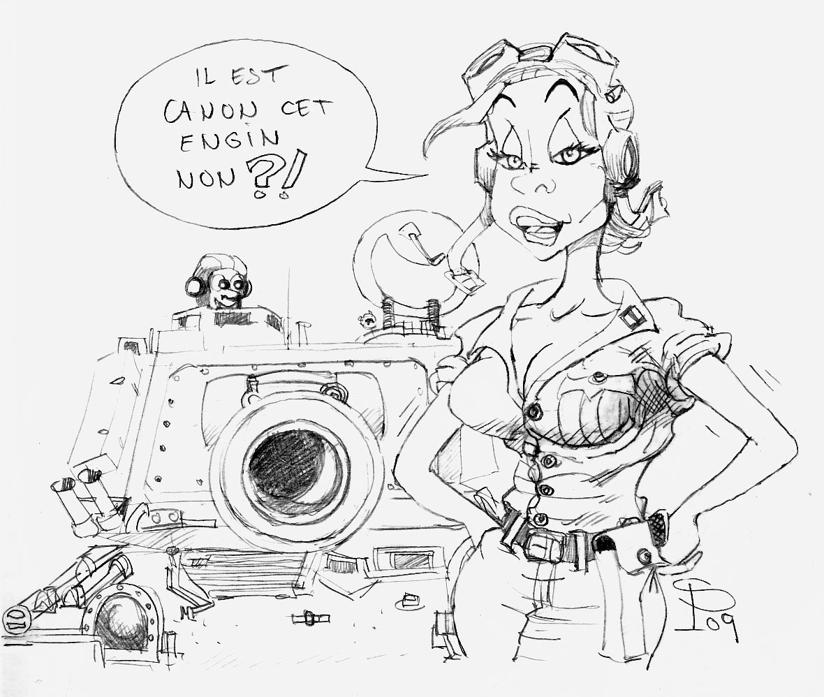 Dessin humoristique d'une femme en treillis devant un automoteur d'artillerie disant « Il est canon cet engin »
