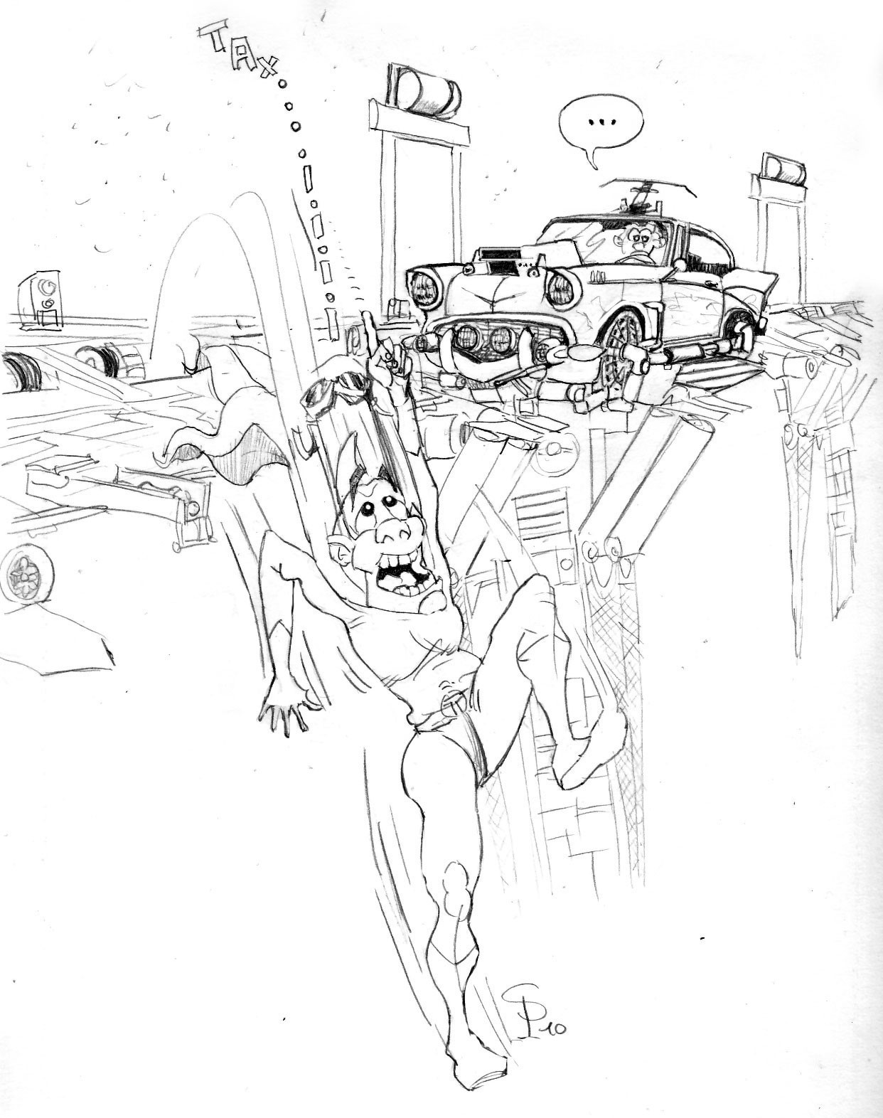 Dessin humoristique d'une Chevy spatiale en équilibre sur une plateforme et personnage suspendu criant
