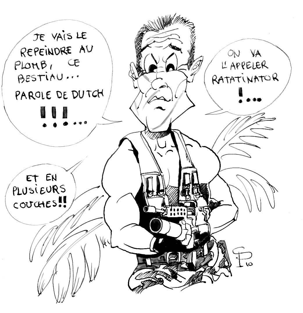 Caricature humoristique du soldat Dutch musclé armé évoquant le film Predator avec bulles