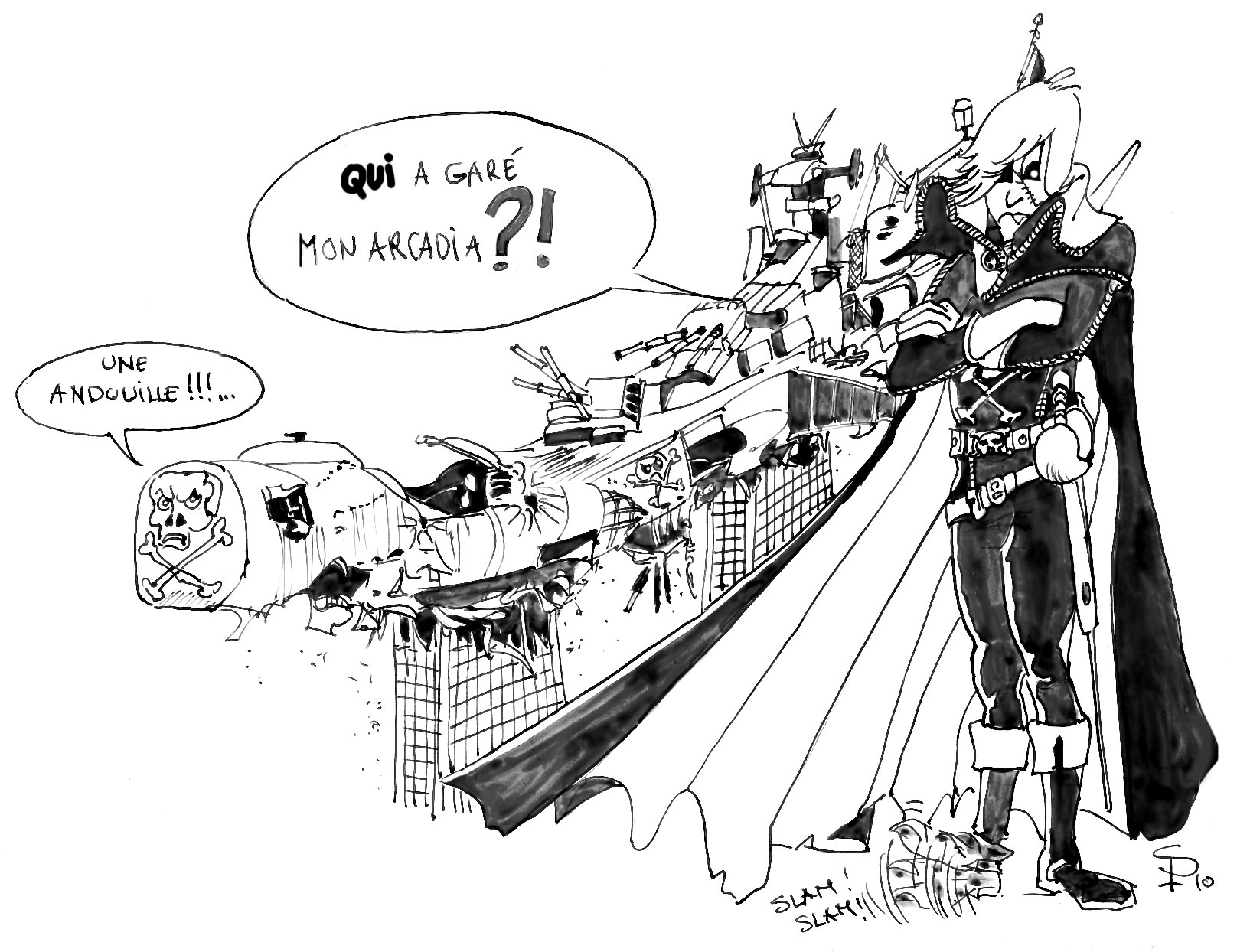 Dessin humoristique d'Albator contrarié devant l'Arcadia crashé, lançant « Qui a garé mon Arcadia ?! »