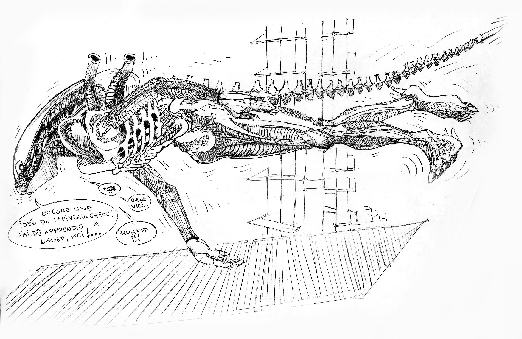 Dessin à l'encre d'un alien aquatique nageant, longue queue et bulles, avec bulles de dialogue humoristiques