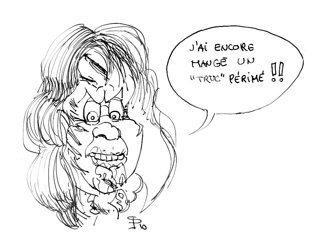 Caricature humoristique au trait d'un visage grimaçant inspiré de L'Exorciste avec bulle « j'ai encore mangé un truc périmé »