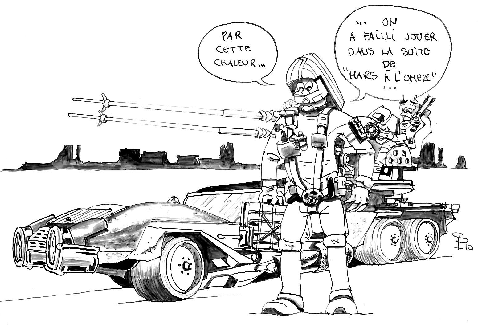 Dessin humoristique de soldats en scaphandre près de véhicules militaires sur Mars