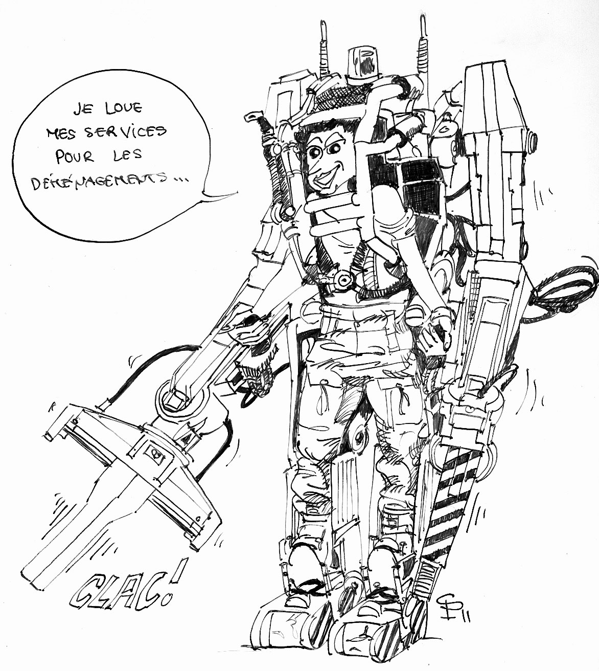 Dessin humoristique d'un pilote dans un exosquelette Powerloader proposant ses services pour les déménagements