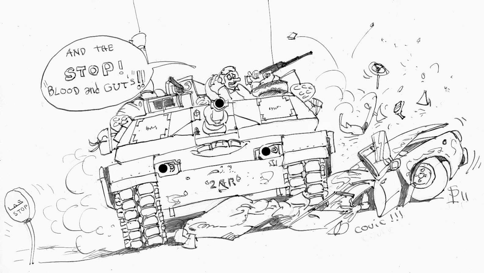 Dessin humoristique d'un char Abrams M1 A1 écrasant une voiture et un panneau stop