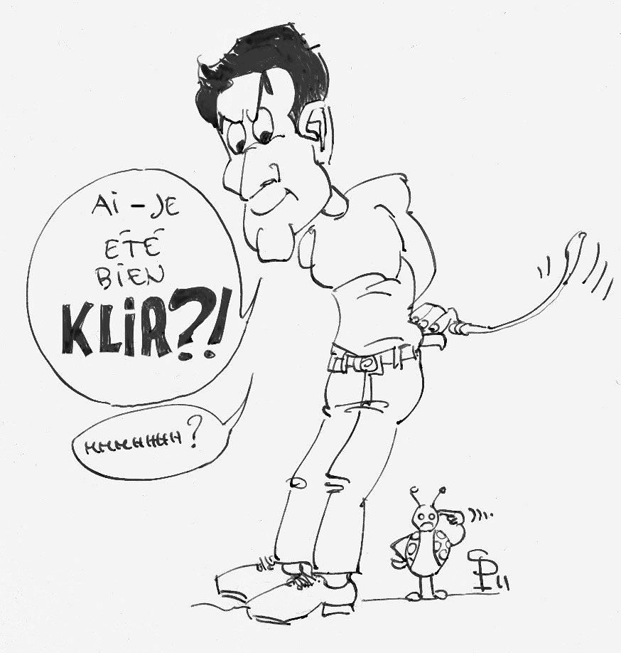 Dessin humoristique d'un homme demandant « Ai-je été bien Klir ? » face à une coccinelle