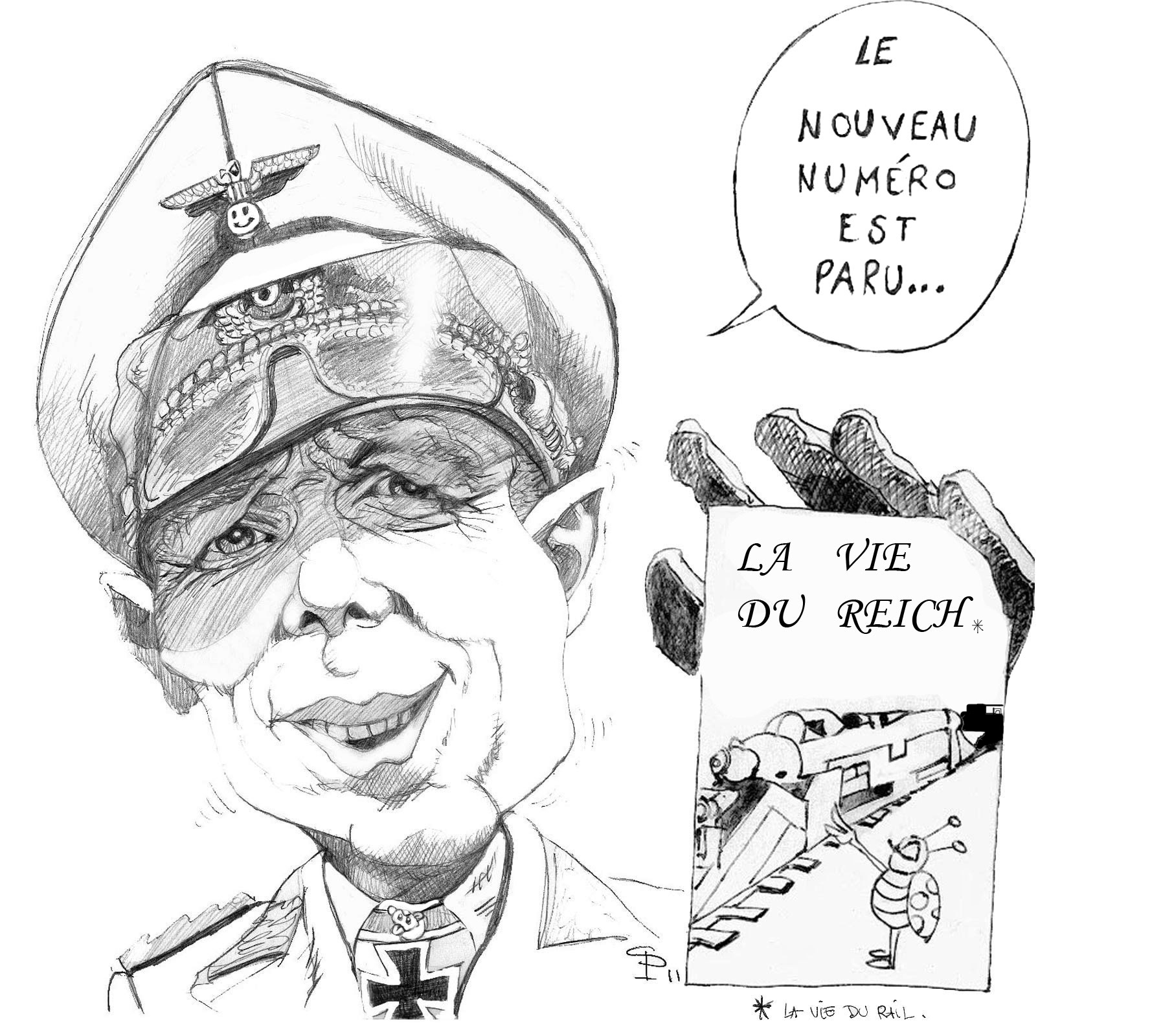 Caricature d'un officier allemand souriant présentant un magazine « La Vie du Reich » illustrant un train blindé
