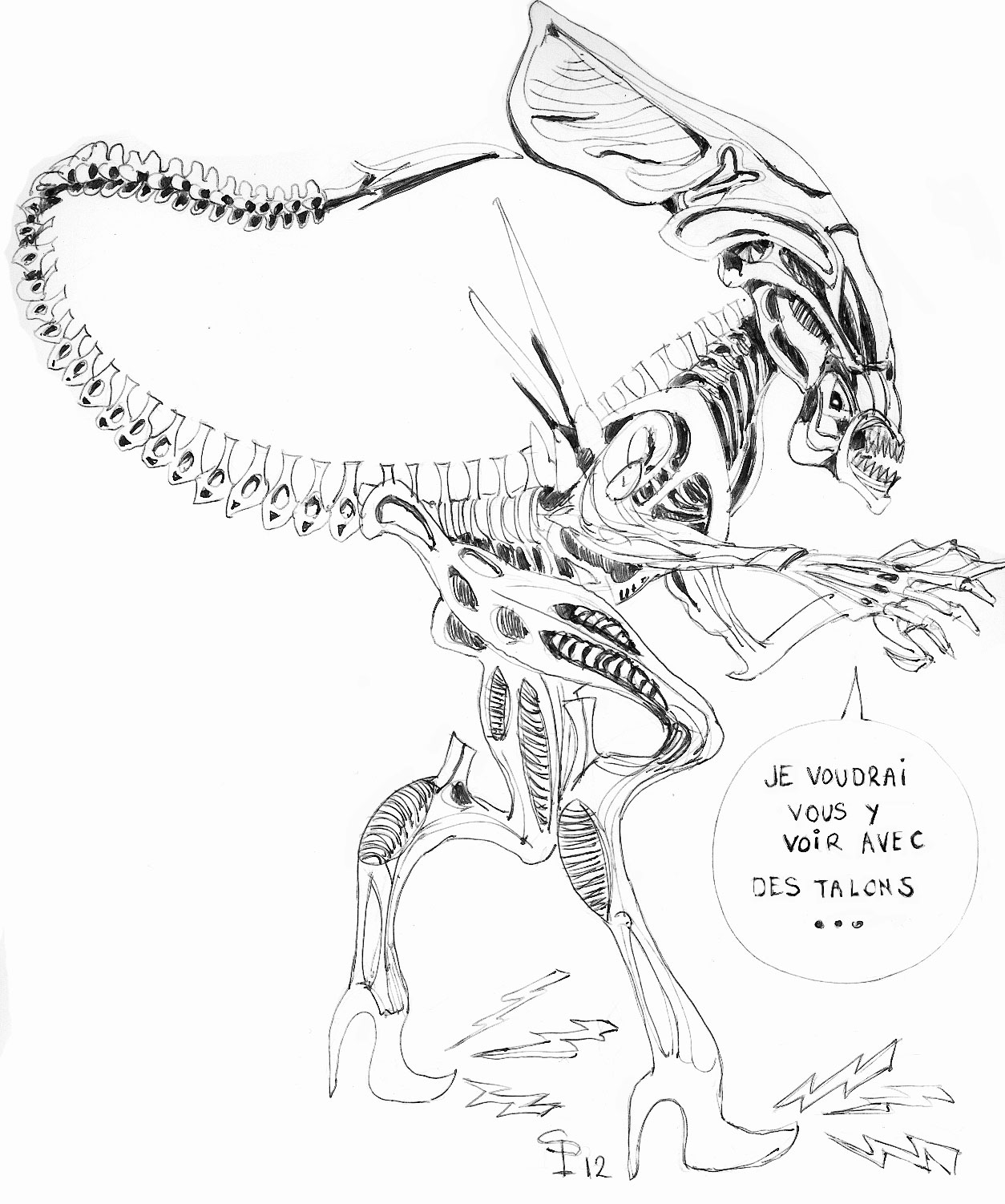 Dessin à l'encre d'un Alien xénomorphe sur talons hauts avec bulle humoristique