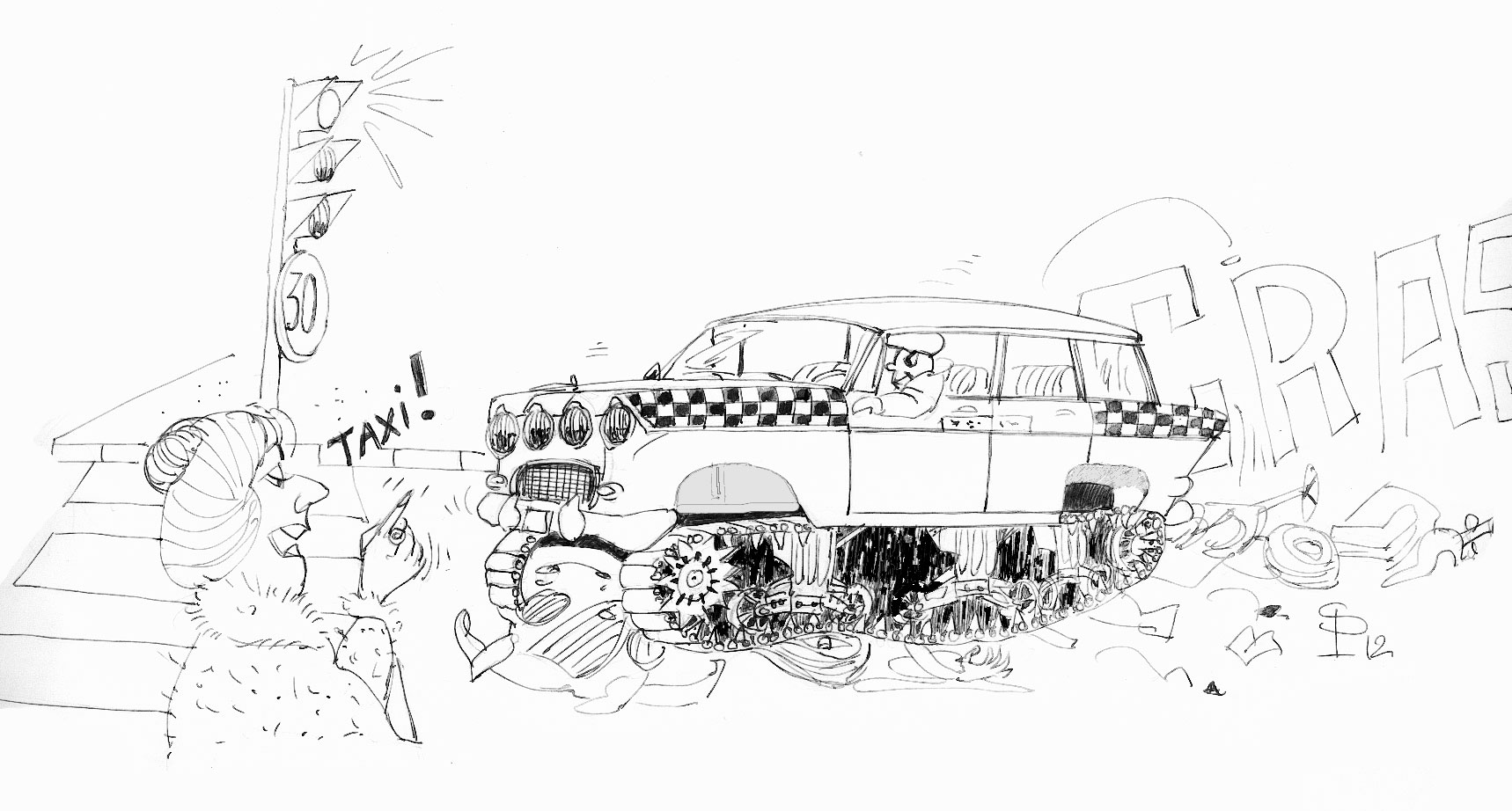 Dessin humoristique d'un taxi délabré perdant ses pièces devant une femme hélant la voiture