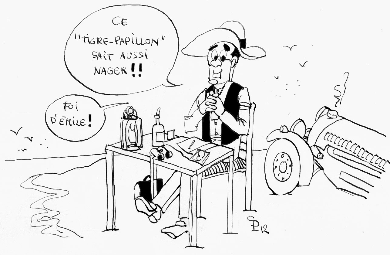 Dessin humoristique d'Émile Folks coiffé d'un chapeau, assis à une table près de l'eau