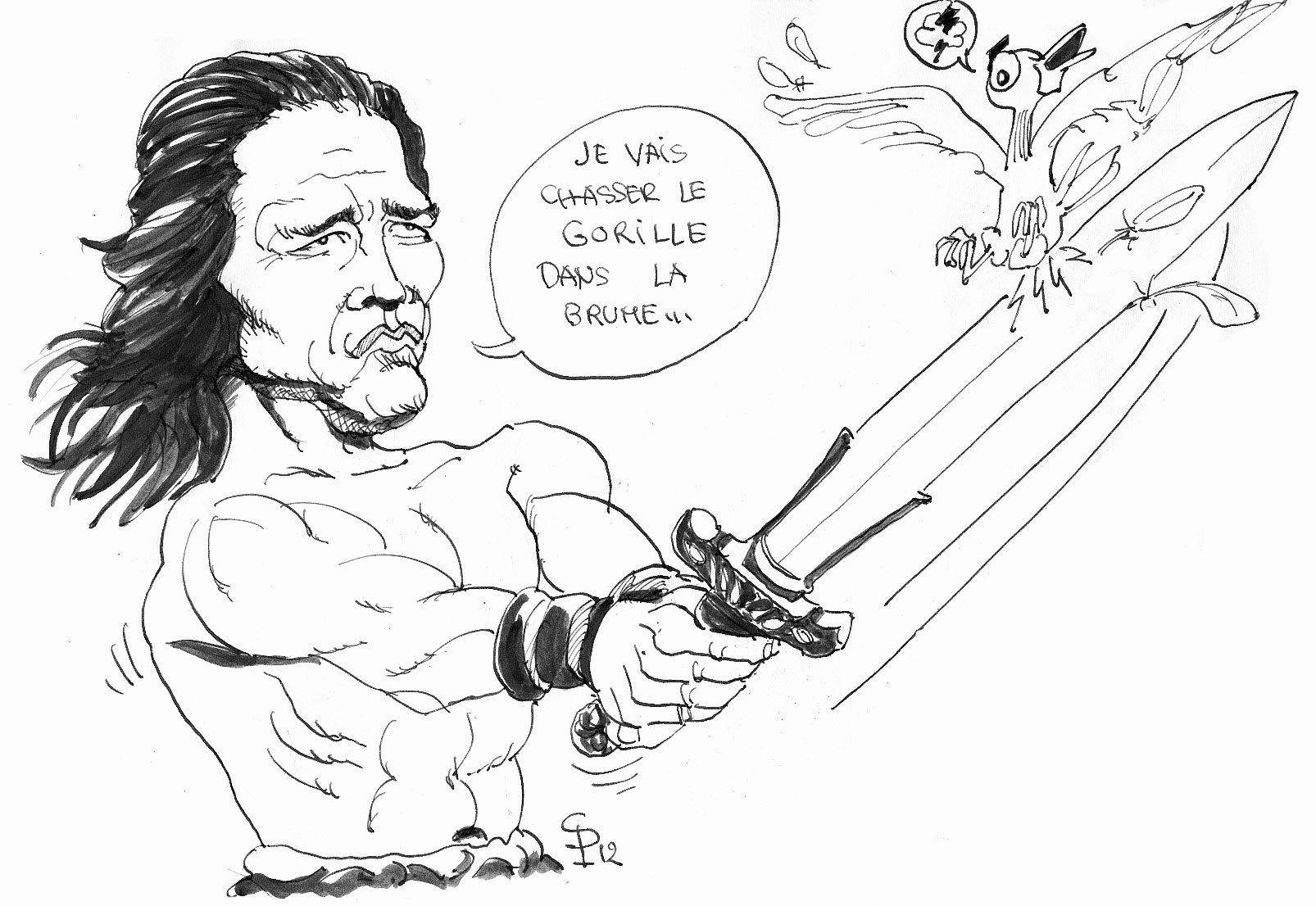 Dessin humoristique de Conan torse nu brandissant une épée, parlant à un oiseau perché dessus