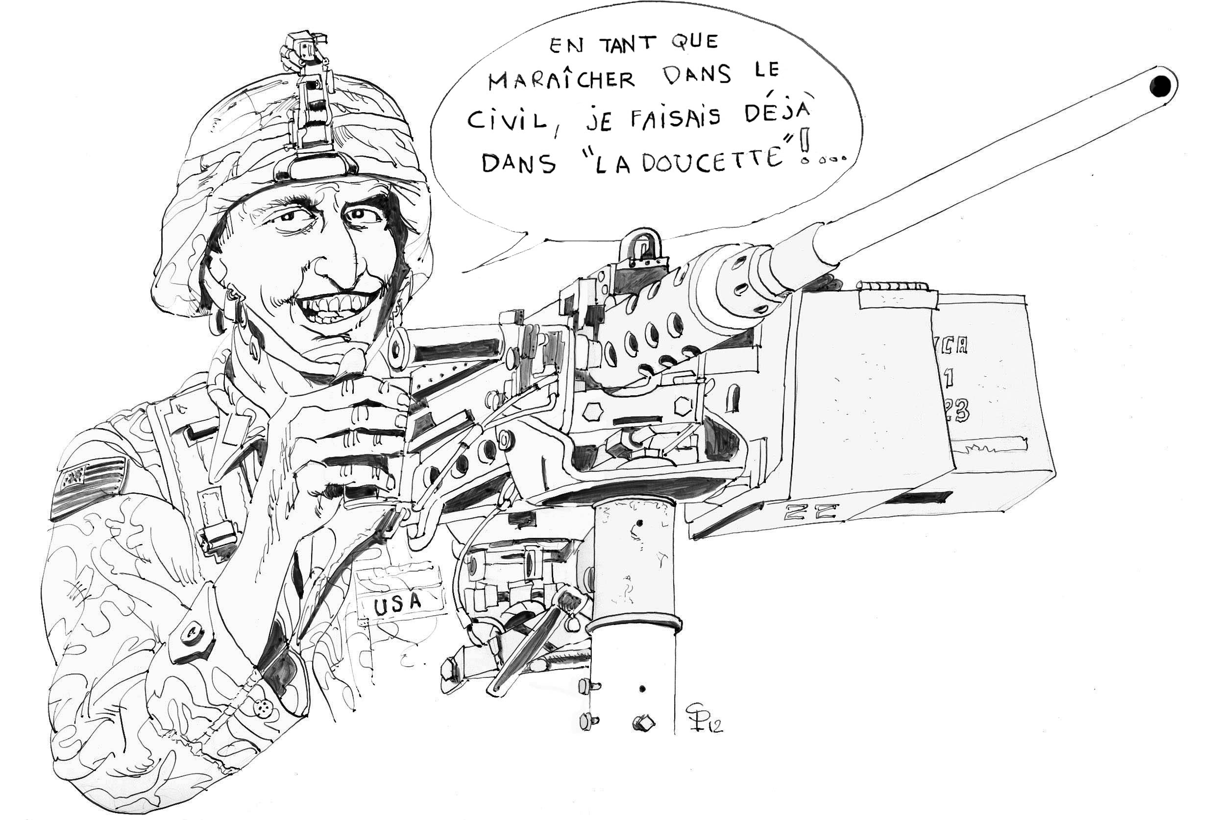 Dessin humoristique d'un soldat américain souriant derrière une mitrailleuse Browning M2 calibre 50