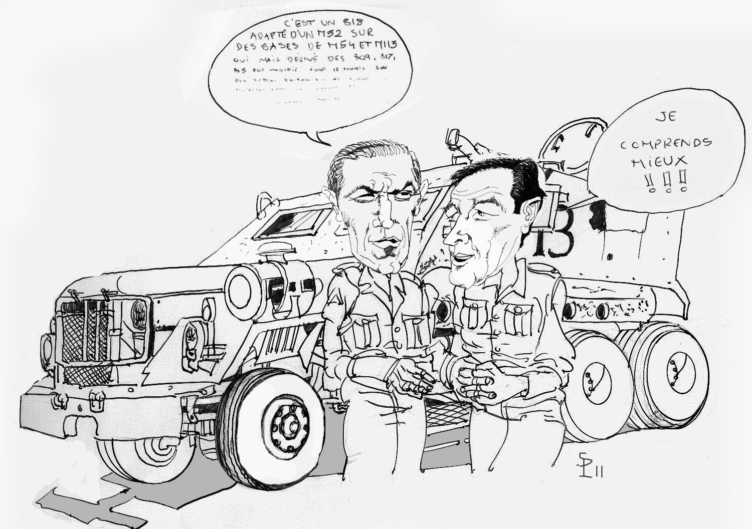 Dessin humoristique de deux soldats discutant devant un camion blindé Guntruck militaire