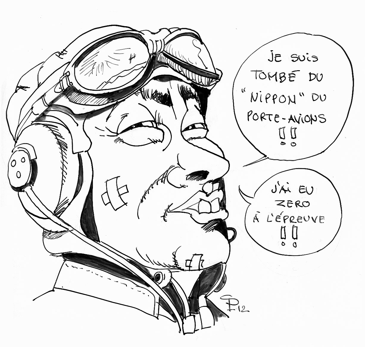 Caricature humoristique d'un pilote japonais avec casque et lunettes d'aviateur, bulles de dialogue