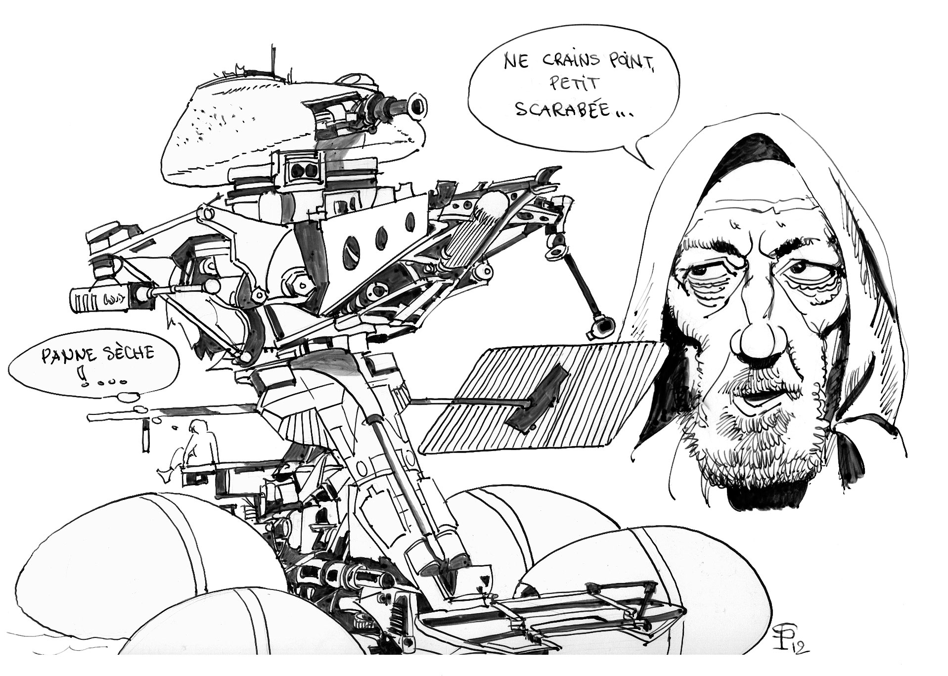 Dessin humoristique d'un robot mécanique et d'Obi Wan Kenobi encapuchonné échangeant des bulles de dialogue