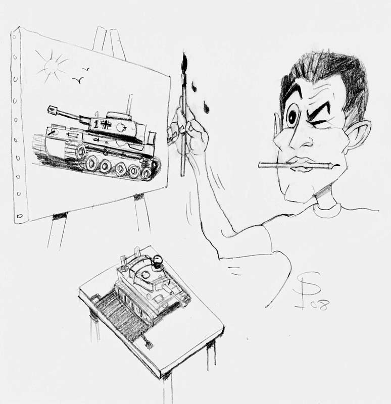 Dessin humoristique d'un peintre représentant un char allemand sur toile d'après une maquette posée sur la table