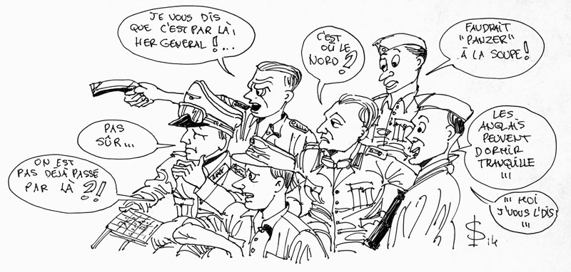 Dessin humoristique noir et blanc d'officiers militaires perdus discutant autour d'une carte avec bulles de dialogue