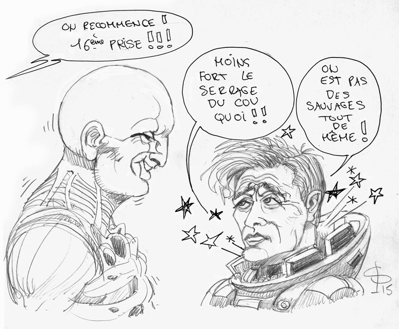 Dessin humoristique au crayon de deux personnages Prometheus échangeant des bulles de dialogue comiques