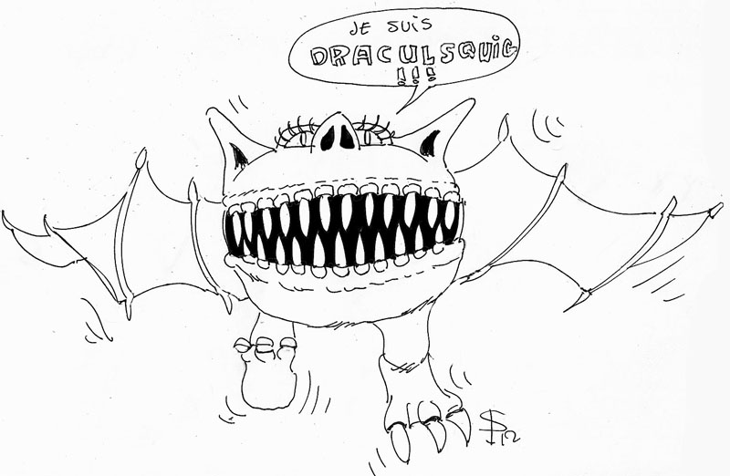 Dessin humoristique d'un Squig ailé aux dents acérées déclarant « Je suis Draculsquig »
