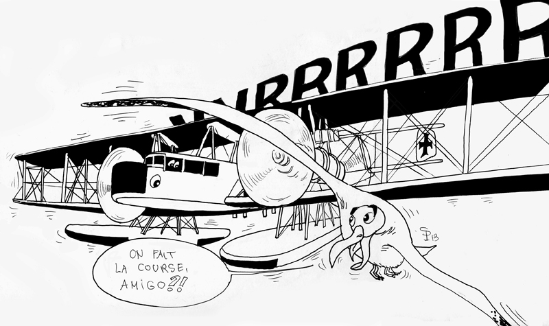 Dessin humoristique du Zeppelin Staaken L hydravion biplan poursuivi par un oiseau lançant « On fait la course »