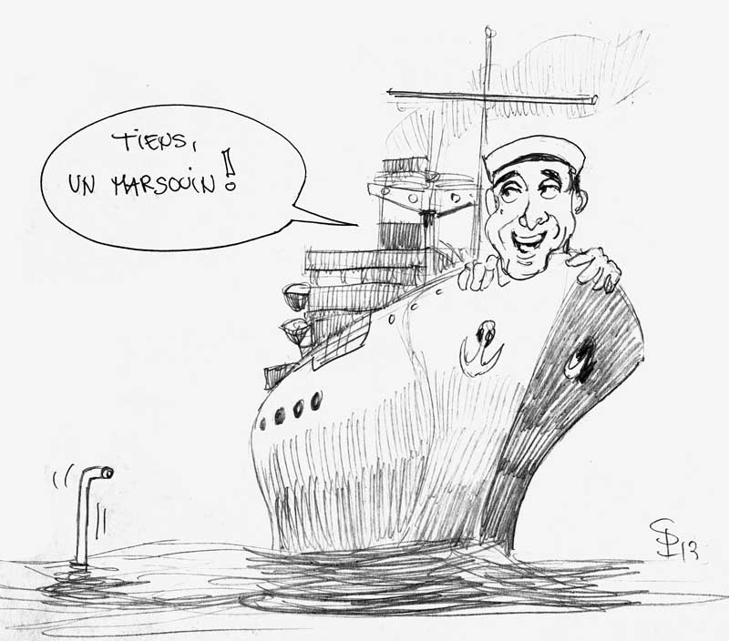 Dessin humoristique d'un marin souriant accoudé à la proue d'un navire observant un périscope