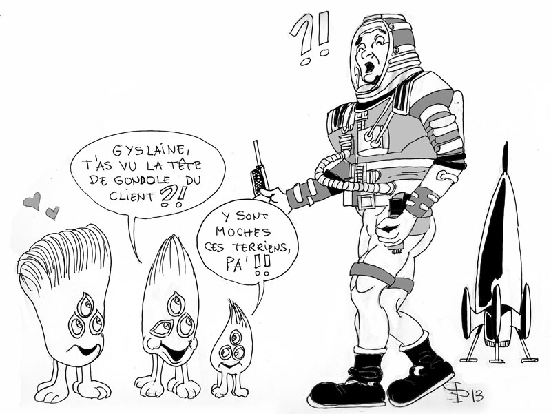 Dessin humoristique d'un astronaute surpris face à trois petits extraterrestres moqueurs près d'une fusée