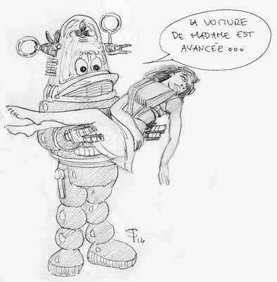 Dessin humoristique de Robby le robot portant une femme évanouie dans ses bras