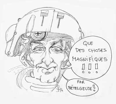 Dessin humoristique d'un soldat casqué au visage expressif lançant des bulles de dialogue enthousiastes