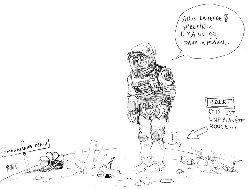 Astronaute déçu sur une planète rouge déserte appelant la Terre, dessin humoristique noir et blanc