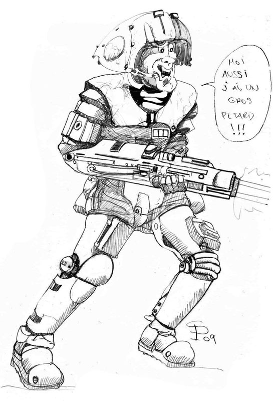 Dessin humoristique d'un soldat caricatural en armure tirant au fusil avec bulle de dialogue
