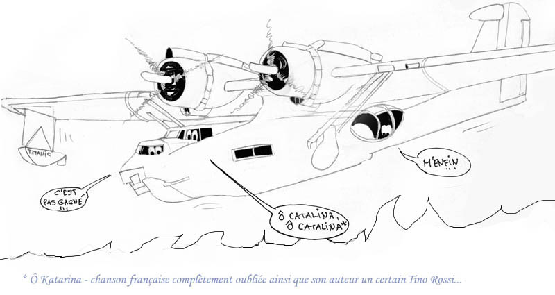 Dessin humoristique au crayon d'un hydravion PBY Catalina personnifié avec bulles de dialogue