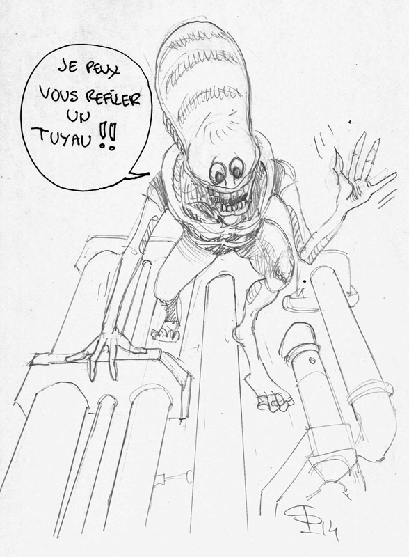 Dessin humoristique d'un alien souriant accroché à des tuyaux, avec bulle « Je peux vous refiler un tuyau »