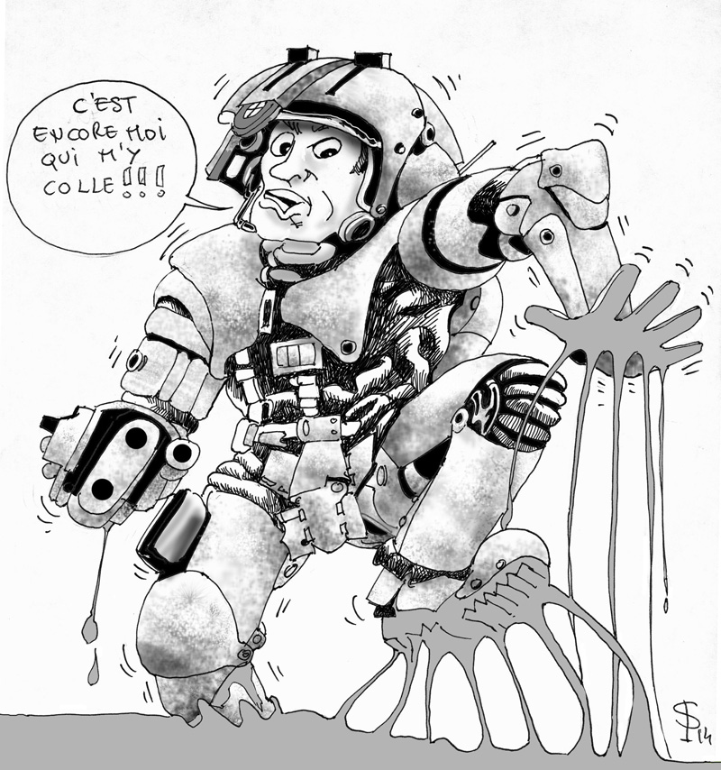Dessin humoristique d'un soldat en armure pataugeant dans la résine collante, s'exclamant « c'est encore moi qui m'y colle »