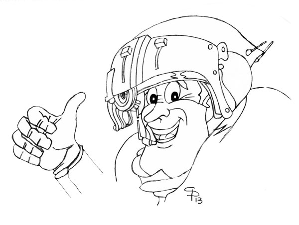 Dessin humoristique d'un pilote casqué souriant levant le pouce en signe d'approbation