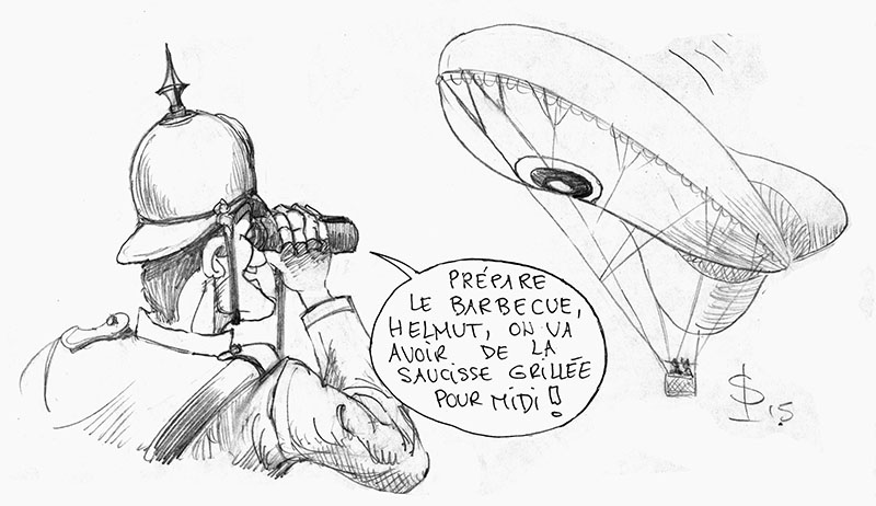 Dessin humoristique d'un soldat allemand observant aux jumelles un ballon d'observation en forme de saucisse