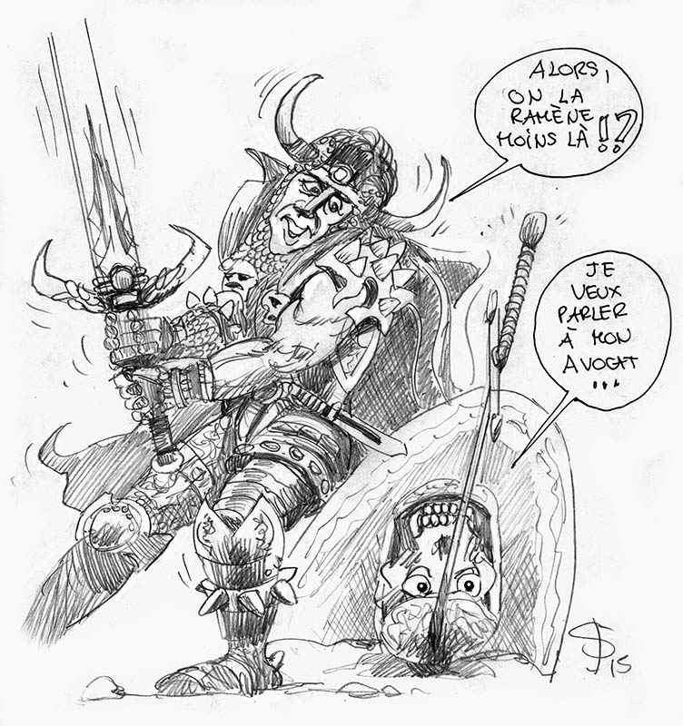 Dessin humoristique d'un guerrier casqué à cornes brandissant une épée près d'un personnage emprisonné