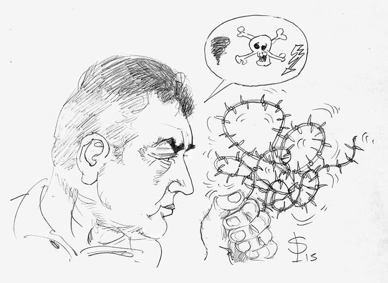 Dessin humoristique d'un homme en colère brandissant un cactus épineux, bulle avec tête de mort