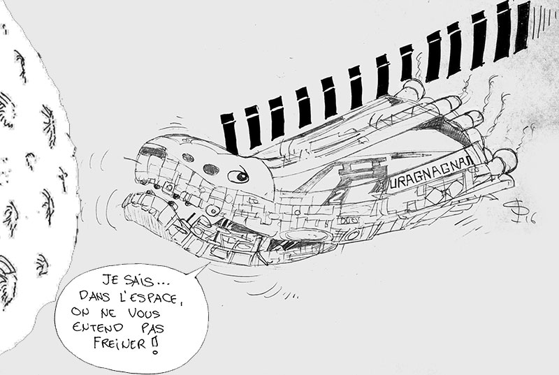 Dessin humoristique d'un cargo spatial freinant près d'une planète avec bulle de dialogue